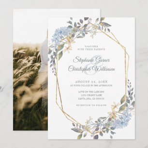 Gold Geometric Dusty Blue Floral Foto Weddenschap Kaart