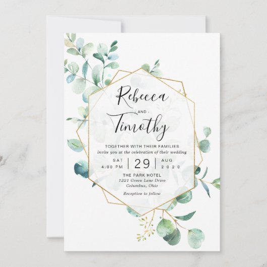 Gold Geometric Eucalyptus Greenery Wedding Kaart (Voorkant)