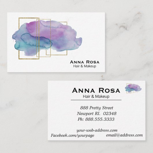 *~* Gold Geometric Girly Paarse Magenta Waterverf Visitekaartje (Voorkant / Achterkant)