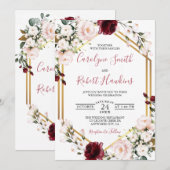 Gold Geometric Greenery Burgundy Wedding Kaart (Voorkant / Achterkant)