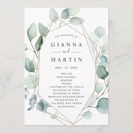 Gold Geometric Greenery Foliage Wedding Programma (Voorkant)