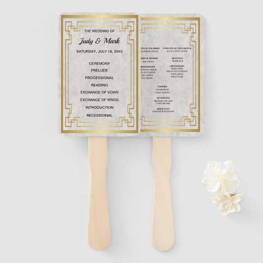 Gold Geometric Lijst White Marble Wedding Program Handwaaier (Voorkant en achterkant)