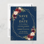 Gold Geometric Navy Burgundy Floral redt de datum Briefkaart (Voorkant / Achterkant)