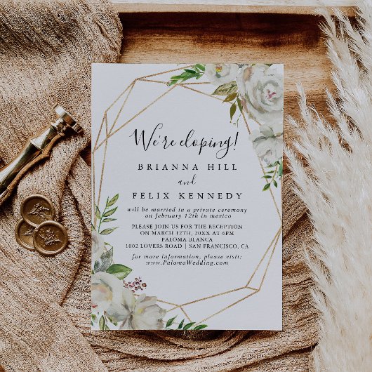 Gold Geometric Peony Floral Elopement Reception Kaart