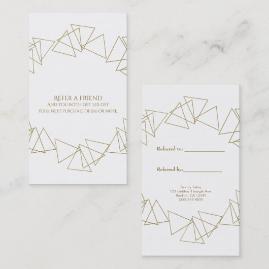 Gold Geometric Triangles Modern Glam Refer Friend Aanbevelingskaartje (Voorkant / Achterkant)