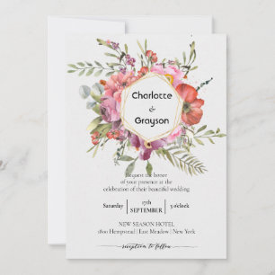 Gold Geometric Violet Floral Bouquet Wedding Kaart