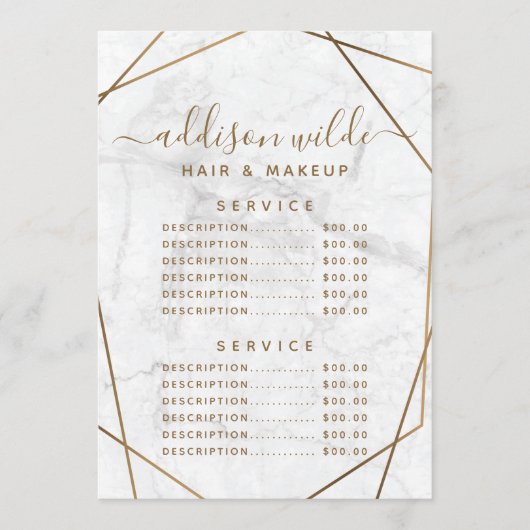 Gold Geometric White Marble Abstract Price List Menu (Voorkant)