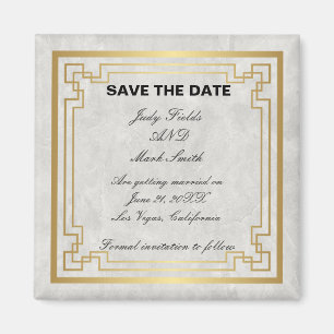 Gold Geometric White Marble Wedding Save the Date Magneet
