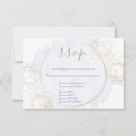 Gold Gilded Roos op Dusty Blue RSVP Kaartje (Voorkant)