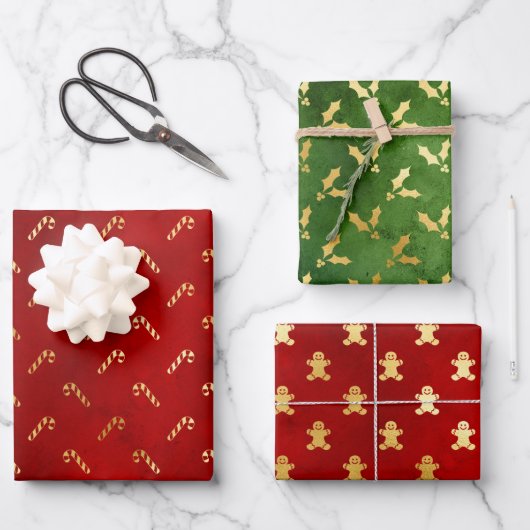 Gold Gingerbrood Mannen, Holly en Candy Canes Inpakpapier Vel (Voorkant)