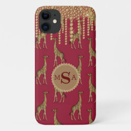 Gold Giraffe Monogram Bling Burgundy Jewels iPhone 11 Hoesje