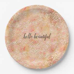 Gold Glam Girly Peach Roze Blush Leopard Print Papieren Bordje
