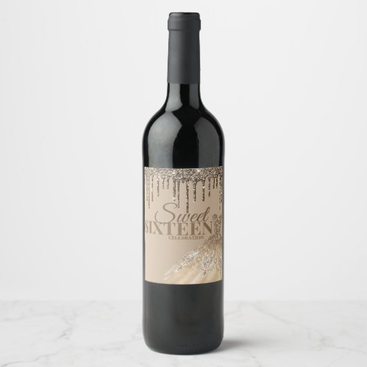 Gold Glam Glitter Spark Sweet 16 Birthday Party Wijn Etiket (Voorkant)