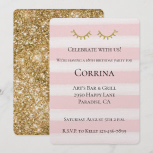 Gold Glam Glitter Wimpers Stripes Verjaardag Kaart