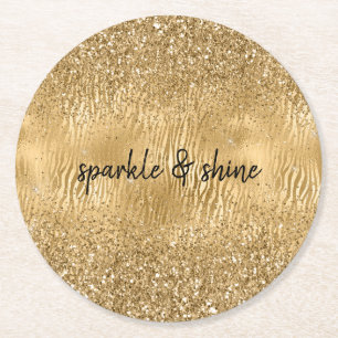 Gold Glam Glitz Zebra Print Faux Glitter Ronde Kartonnen Onderzetter