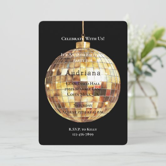 Gold Glam Glitzy Disco Ball Verjaardag Kaart (Staand voorkant)