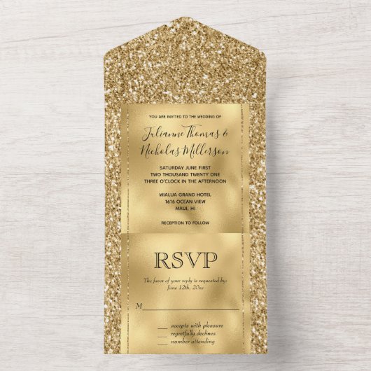 Gold Glam Glitzy Glitter All In One Uitnodiging (Binnen)