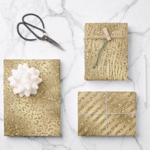 Gold Glam Glitzy Glitter Leopard Print Inpakpapier Vel