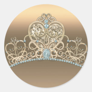 Gold Glam Princess Heart Tiara Birthday Party Ronde Sticker
