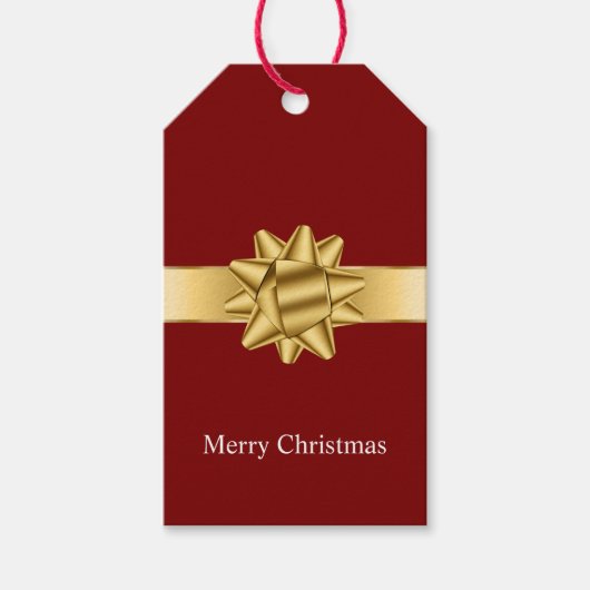 Gold Glam Red Bourgogne Ribbon Bow Kerstmis Cadeaulabel (Voorkant)