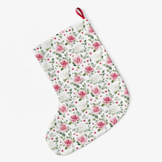 Gold Glam Roze Witte Bloemen Harten Kerstmis Grote Kerstsok (Achterkant (Hangend))