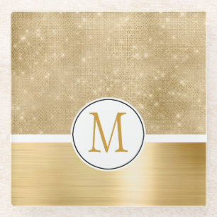 Gold Glam Sparkle Monogram Glazen Onderzetter