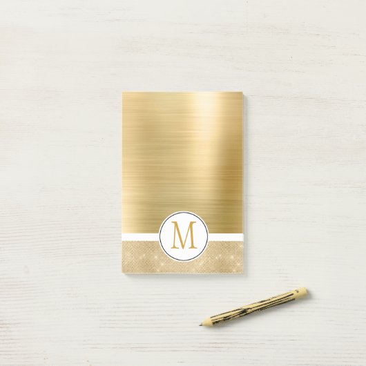 Gold Glam Sparkle Monogram Post-it® Notes (Op bureau)