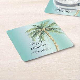 Gold Glam Tropical Palm Tree Verjaardag Vierkante Kartonnen Onderzetter