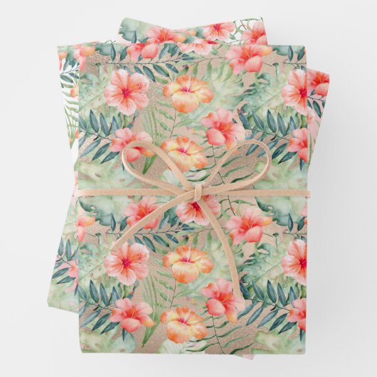 Gold Glam Tropical Pink Peach Hibiscus Floral     Inpakpapier Vel (In situ)