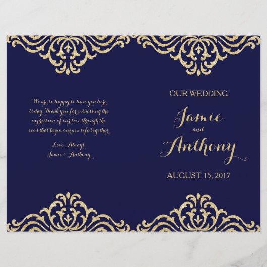 Gold  Glamor Navy Fold Wedding Program (Voorkant)