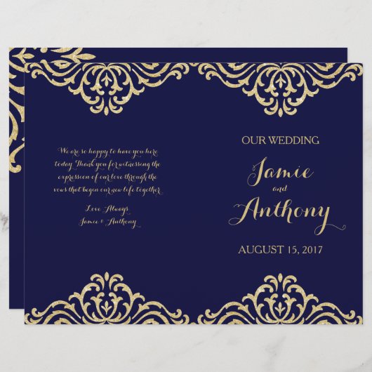 Gold  Glamor Navy Fold Wedding Program (Voorkant / Achterkant)