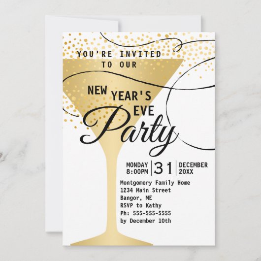 Gold Glass Confetti White New Years Eve Party 2019 Kaart (Voorkant)