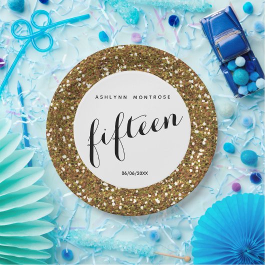 Gold Glitter 15th Birthday Papieren Bordje (Feest)