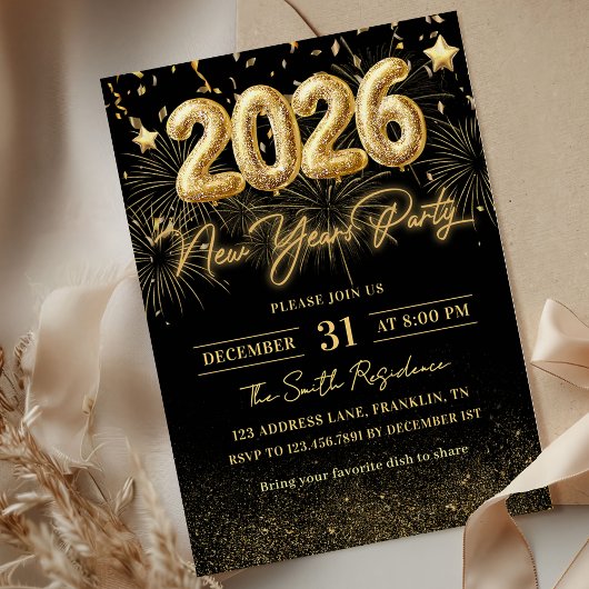 Gold Glitter 2026 New Year Party Invitation