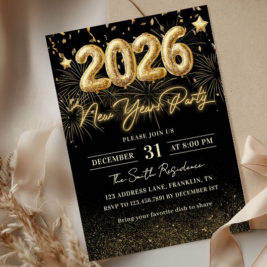 Gold Glitter 2026 New Year Party Invitation Kaart