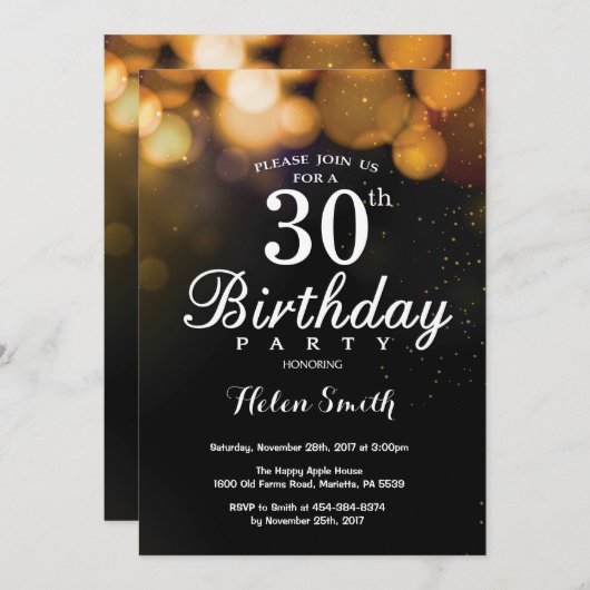Gold Glitter 30th Birthday Invitation Card Kaart (Voorkant / Achterkant)