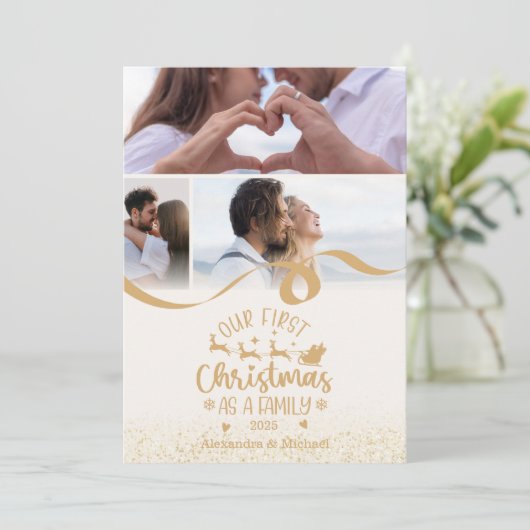 Gold Glitter 3 Photo Christmas Feestdagenkaart (Staand voorkant)