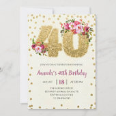 Gold Glitter 40th Birthday Invitation Kaart (Voorkant)