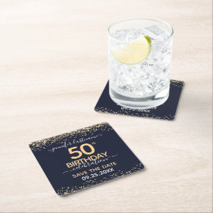 Gold Glitter 50th Birthday Save the Date Vierkante Kartonnen Onderzetter
