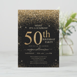 Gold Glitter 50th Surprise Birthday Party Black Kaart