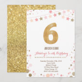 Gold Glitter 6e verjaardag Uitnodiging (Voorkant / Achterkant)