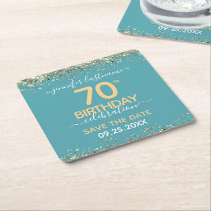 Gold Glitter 70th Birthday Save the Date Vierkante Kartonnen Onderzetter