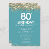 Gold Glitter 80th Birthday Party Invitation Kaart (Voorkant / Achterkant)
