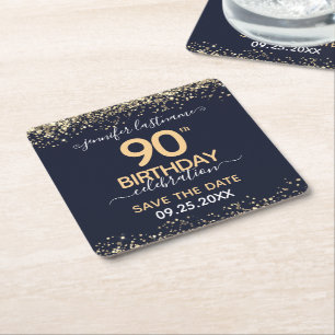 Gold Glitter 90th Birthday Save the Date Vierkante Kartonnen Onderzetter