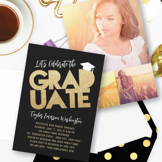 Gold Glitter Afstuderen Cutout Graduation Party Kaart