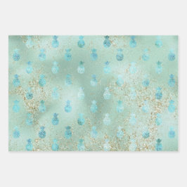 Gold Glitter Aqua Glam Tropische anananassen Inpakpapier Vel