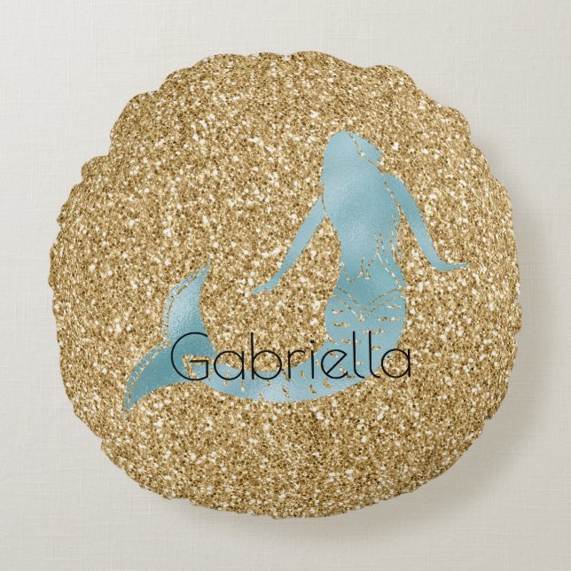 Gold Glitter Aqua Mermaid Personalized Rond Kussen (Voorkant)