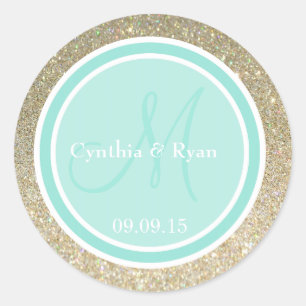 Gold Glitter & Aqua WeduwMonogram Etiket