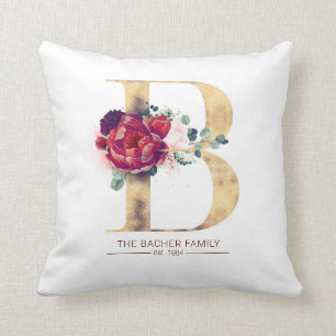 Gold Glitter B Monogram Floral Burgundy Red Kussen
