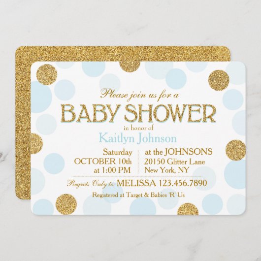 Gold Glitter Baby Blue Scattered Stippen Baby show Kaart (Voorkant / Achterkant)